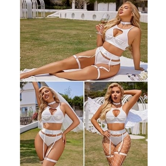 Sexy Lingerie Set with Underwire Garter Belt  5 Piece with Choker White - Picture 2 of 7